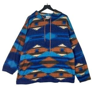 Vintage 90s Mens XL Aztec Blue Hoodie Sweatshirt Retro Classic Pullover‎ Adult